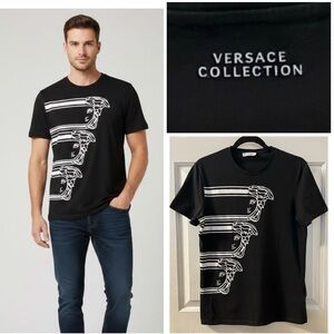 VERSACE Collection Mens Black Graphic  Medusa Crewneck T-Shirt